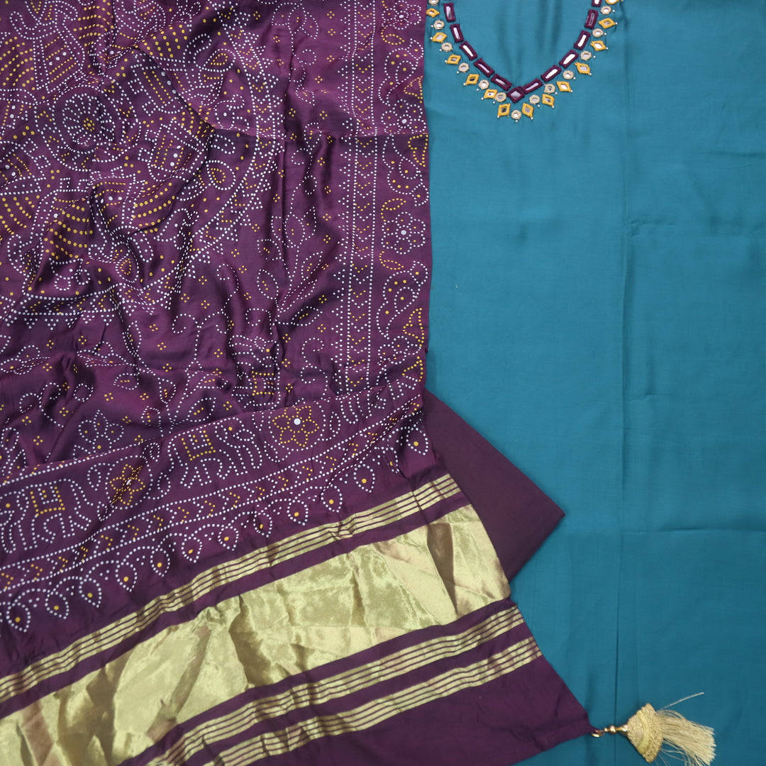 Ishaani Cerulean Blue Mirror Neck Work Modal Suit Set with Gajji Silk Dupatta