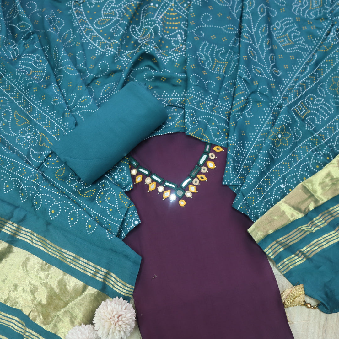 Ishaani Eggplant Purple Mirror Neck Work Modal Suit Set with Gajji Silk Dupatta