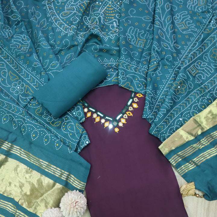 Ishaani Eggplant Purple Mirror Neck Work Modal Suit Set with Gajji Silk Dupatta