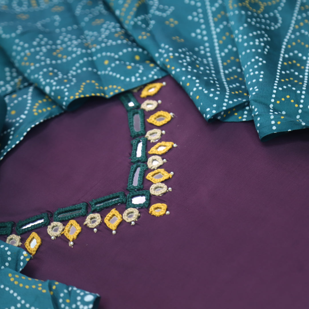 Ishaani Eggplant Purple Mirror Neck Work Modal Suit Set with Gajji Silk Dupatta
