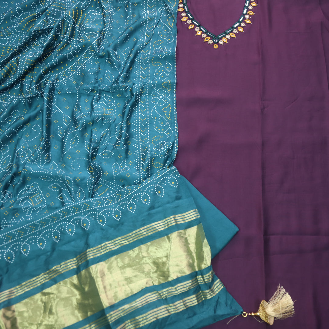 Ishaani Eggplant Purple Mirror Neck Work Modal Suit Set with Gajji Silk Dupatta