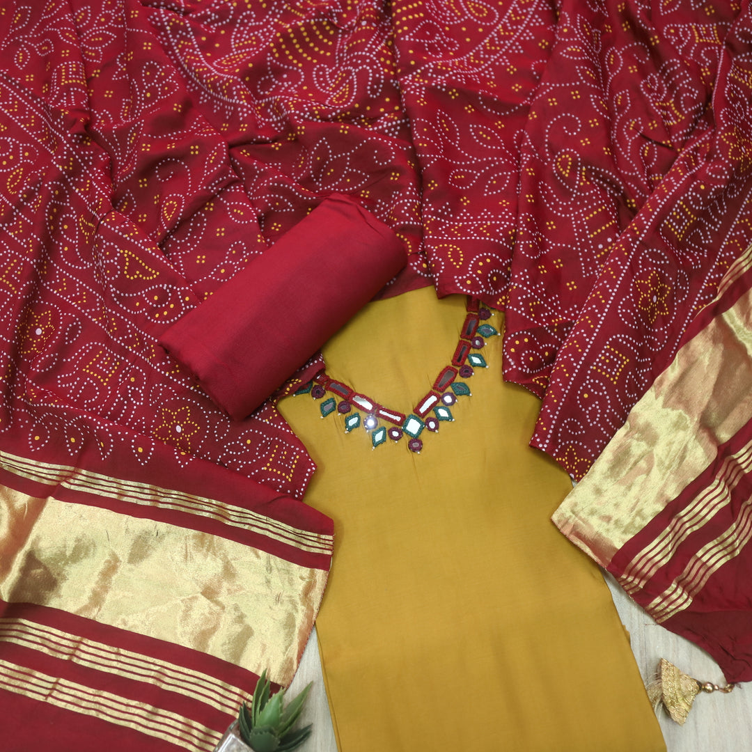 Ishaani Peanut Yellow Mirror Neck Work Modal Suit Set with Gajji Silk Dupatta