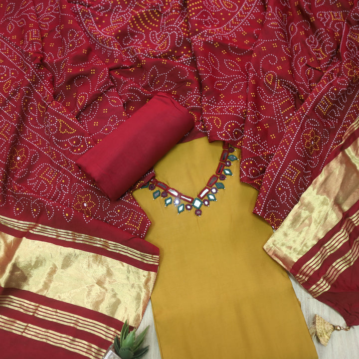 Ishaani Peanut Yellow Mirror Neck Work Modal Suit Set with Gajji Silk Dupatta