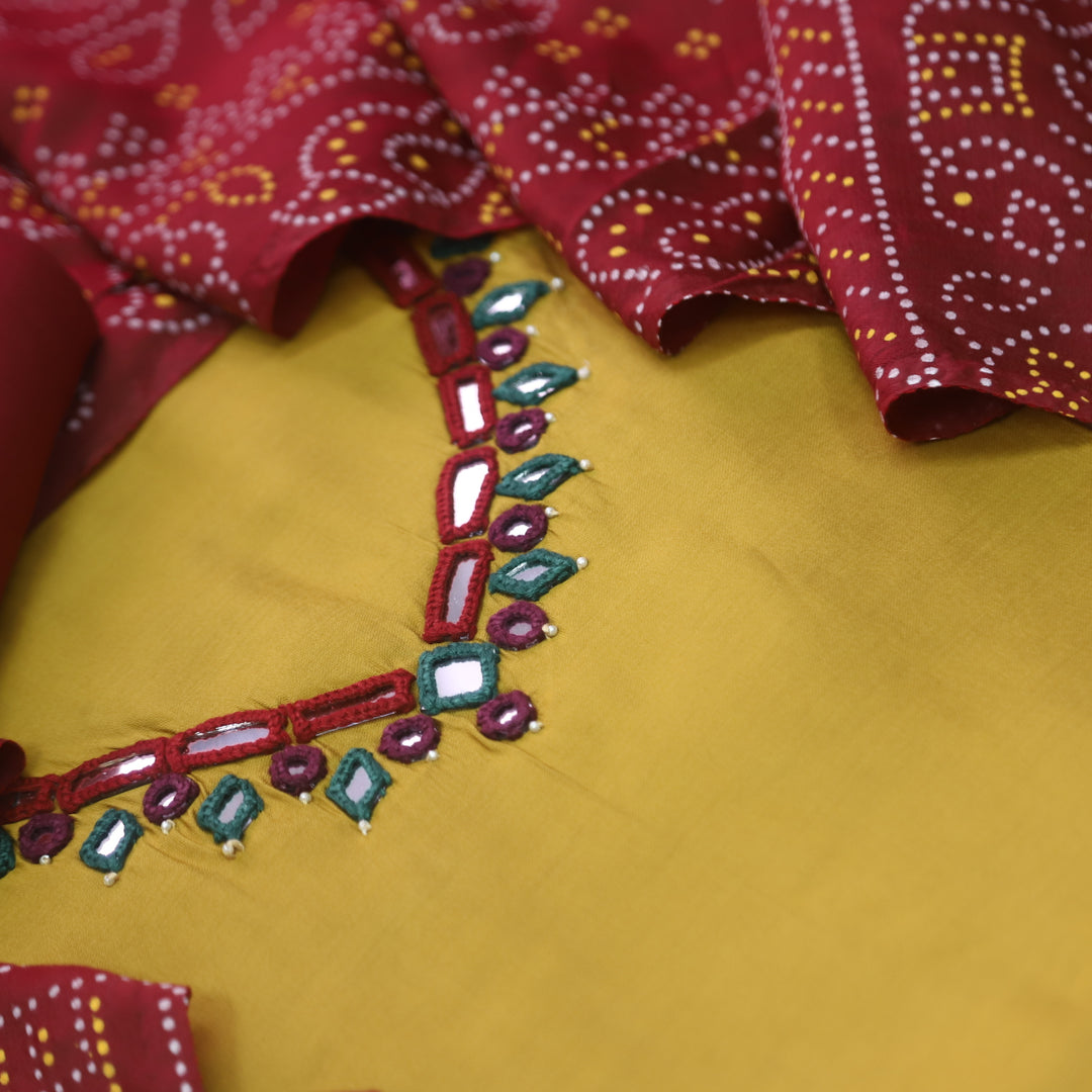 Ishaani Peanut Yellow Mirror Neck Work Modal Suit Set with Gajji Silk Dupatta