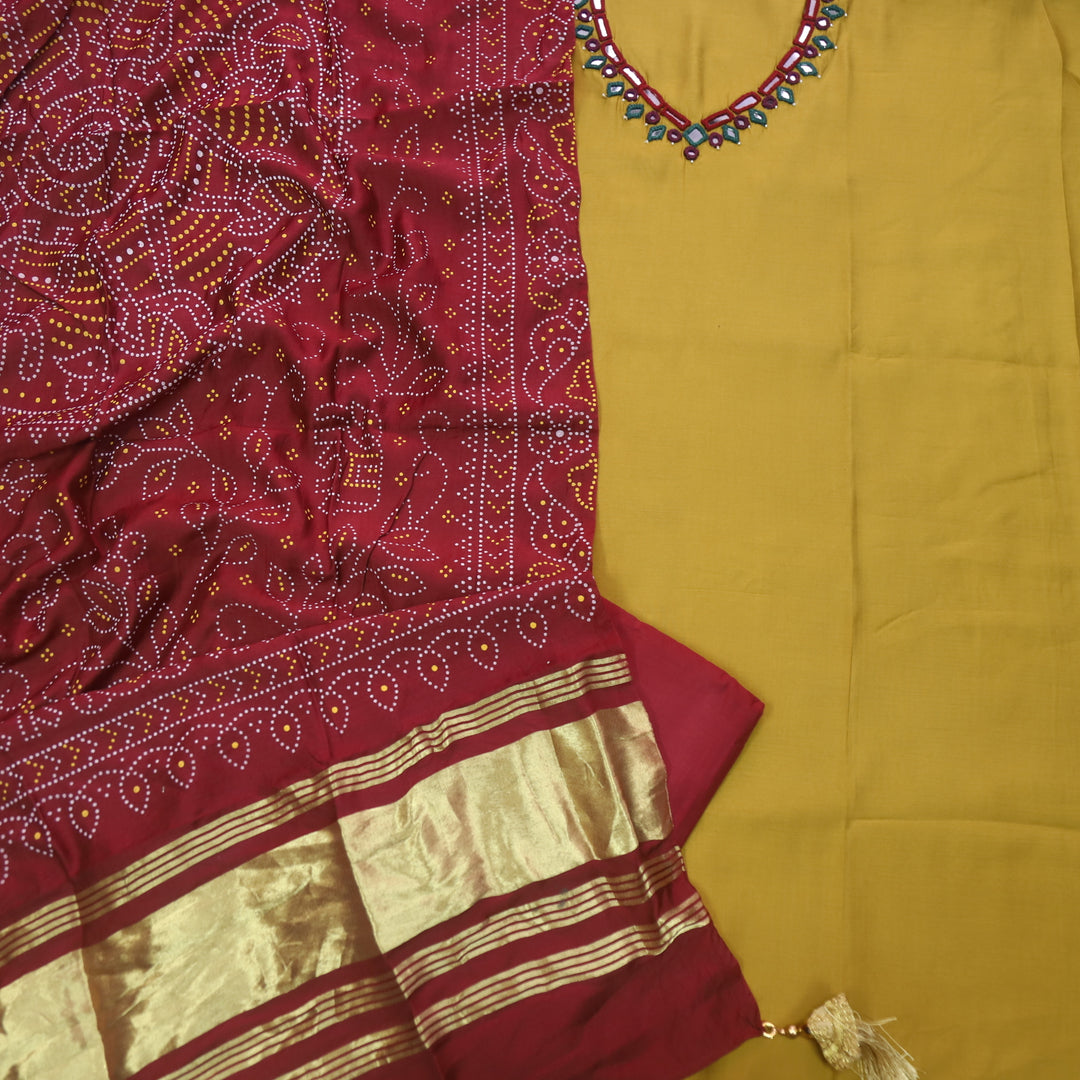Ishaani Peanut Yellow Mirror Neck Work Modal Suit Set with Gajji Silk Dupatta