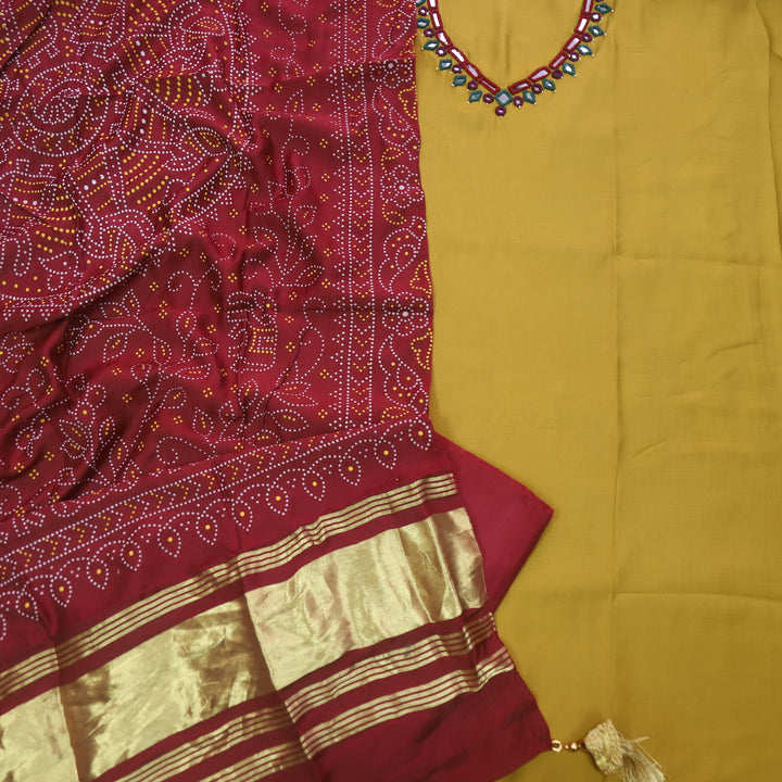 Ishaani Peanut Yellow Mirror Neck Work Modal Suit Set with Gajji Silk Dupatta