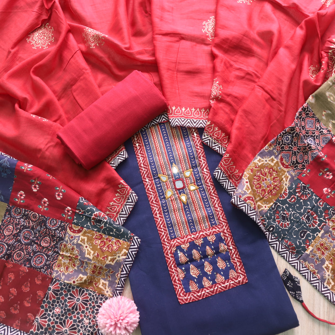 Kakaswi Royal Blue Mirror with Ajrak Print Patch Work Cotton Suit Set