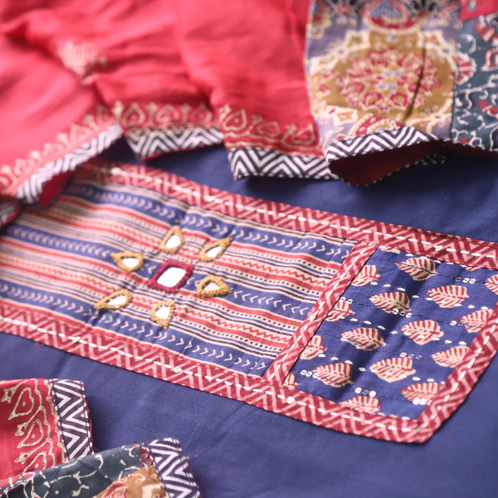 Kakaswi Royal Blue Mirror with Ajrak Print Patch Work Cotton Suit Set
