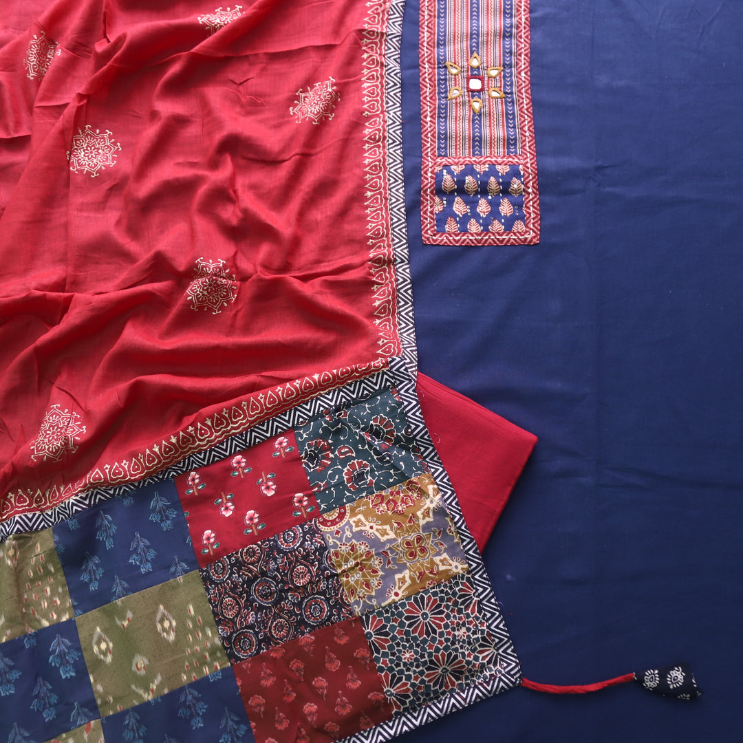 Kakaswi Royal Blue Mirror with Ajrak Print Patch Work Cotton Suit Set