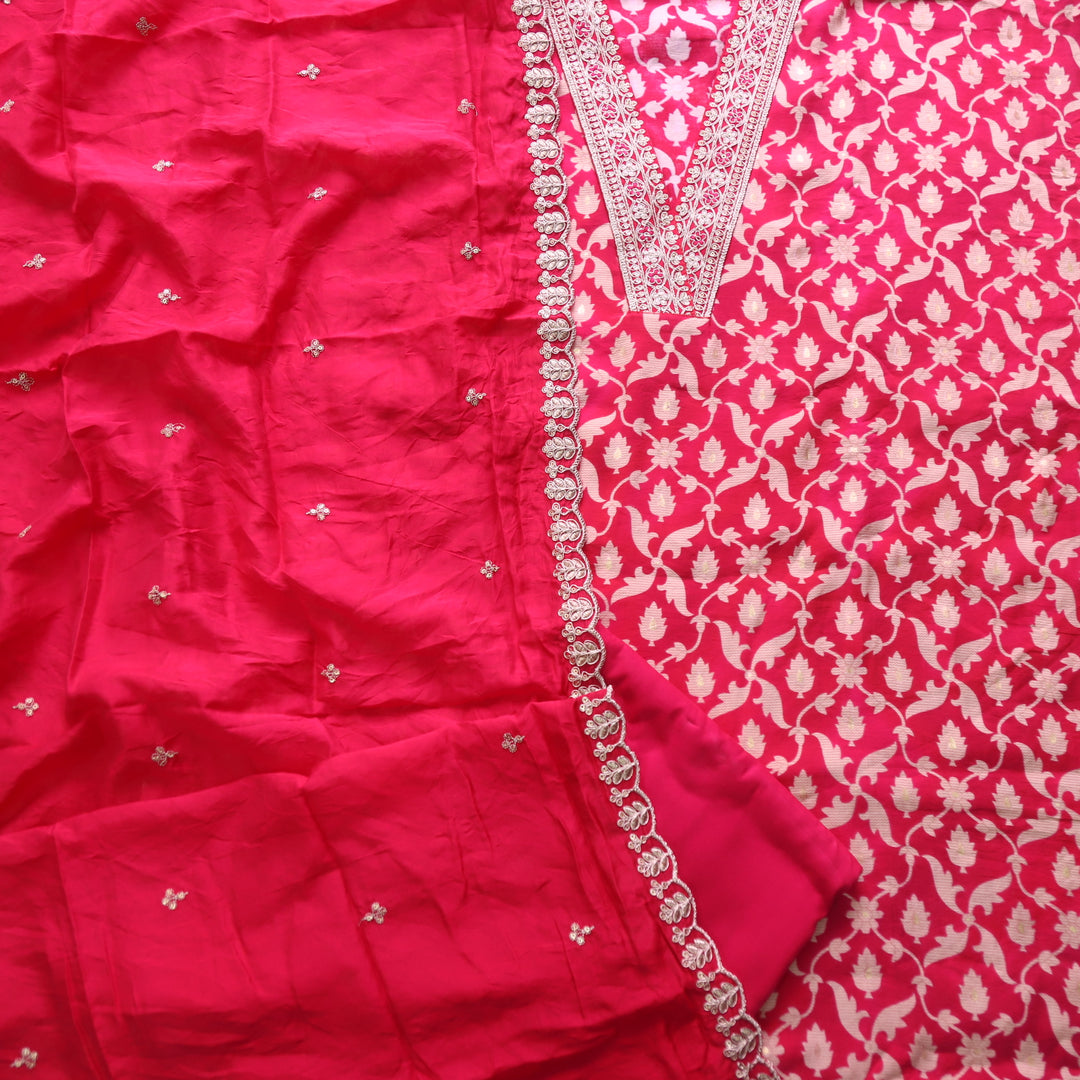 Bebaak Hot Pink V Lace Work Neck Floral Printed Modal Suit Set