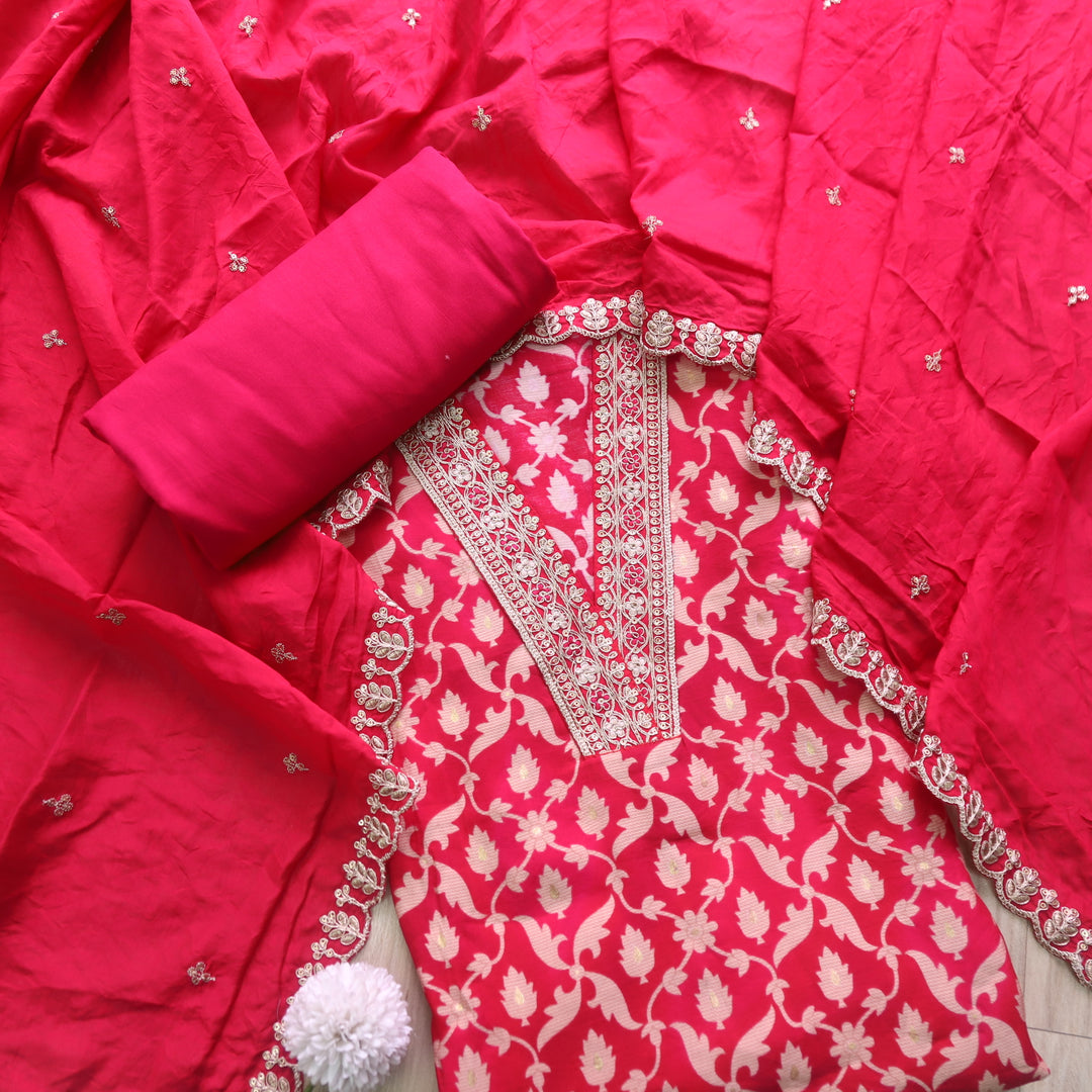 Bebaak Hot Pink V Lace Work Neck Floral Printed Modal Suit Set