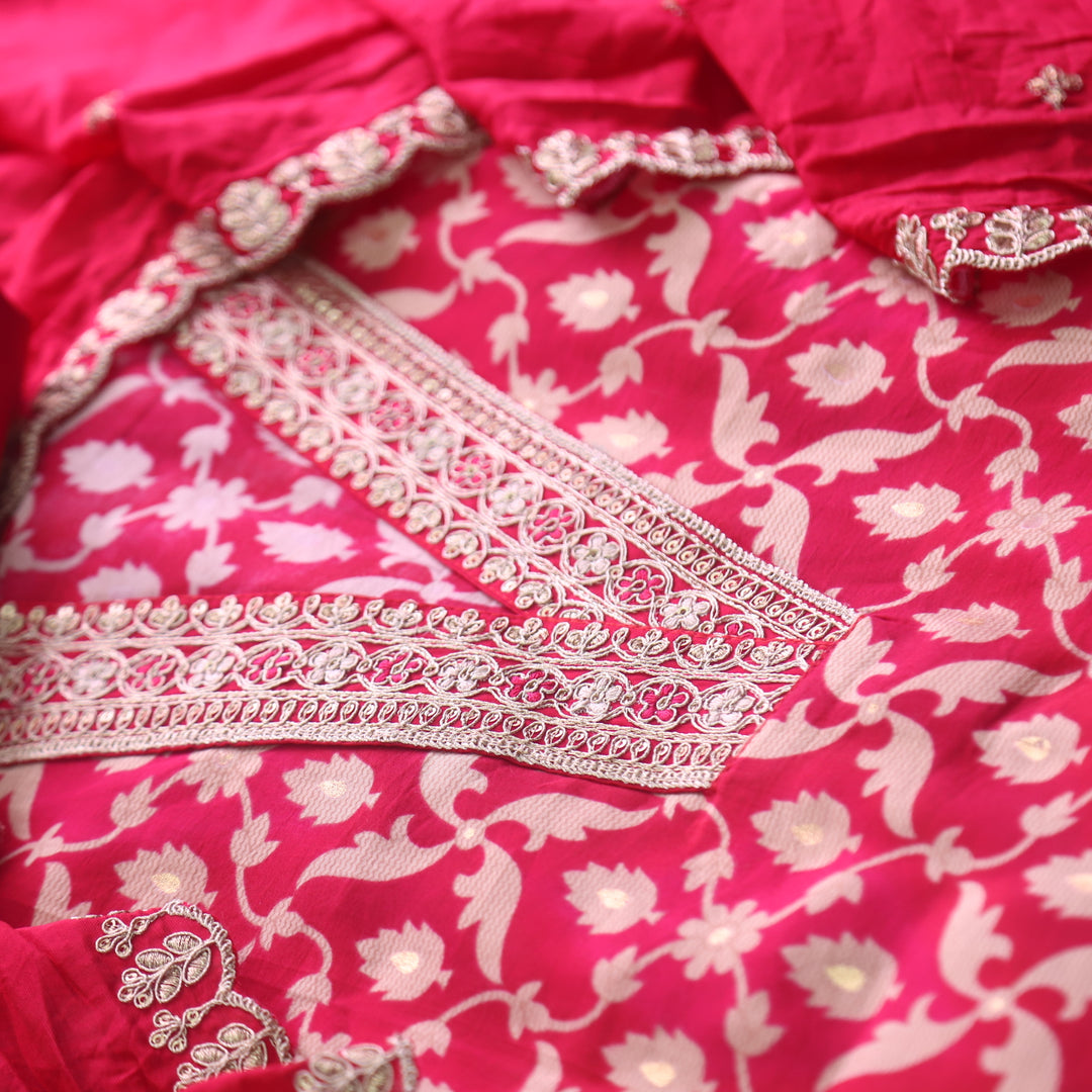 Bebaak Hot Pink V Lace Work Neck Floral Printed Modal Suit Set