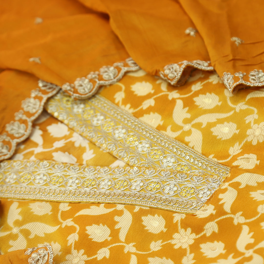 Bebaak Mustard Yellow V Lace Work Neck Floral Printed Modal Suit Set