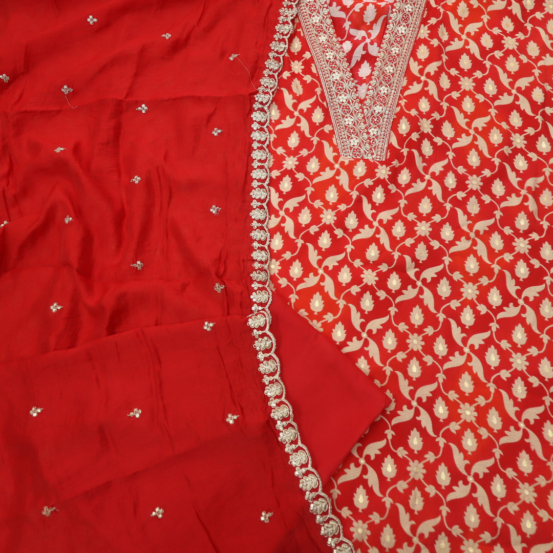 Bebaak Bride Red V Lace Work Neck Floral Printed Modal Suit Set