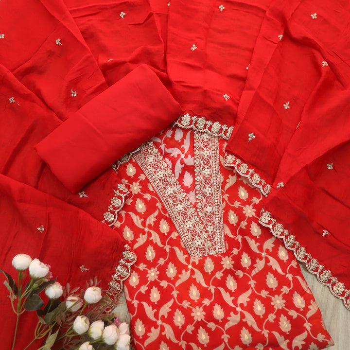 Bebaak Bride Red V Lace Work Neck Floral Printed Modal Suit Set