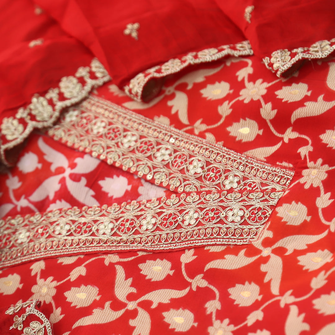 Bebaak Bride Red V Lace Work Neck Floral Printed Modal Suit Set