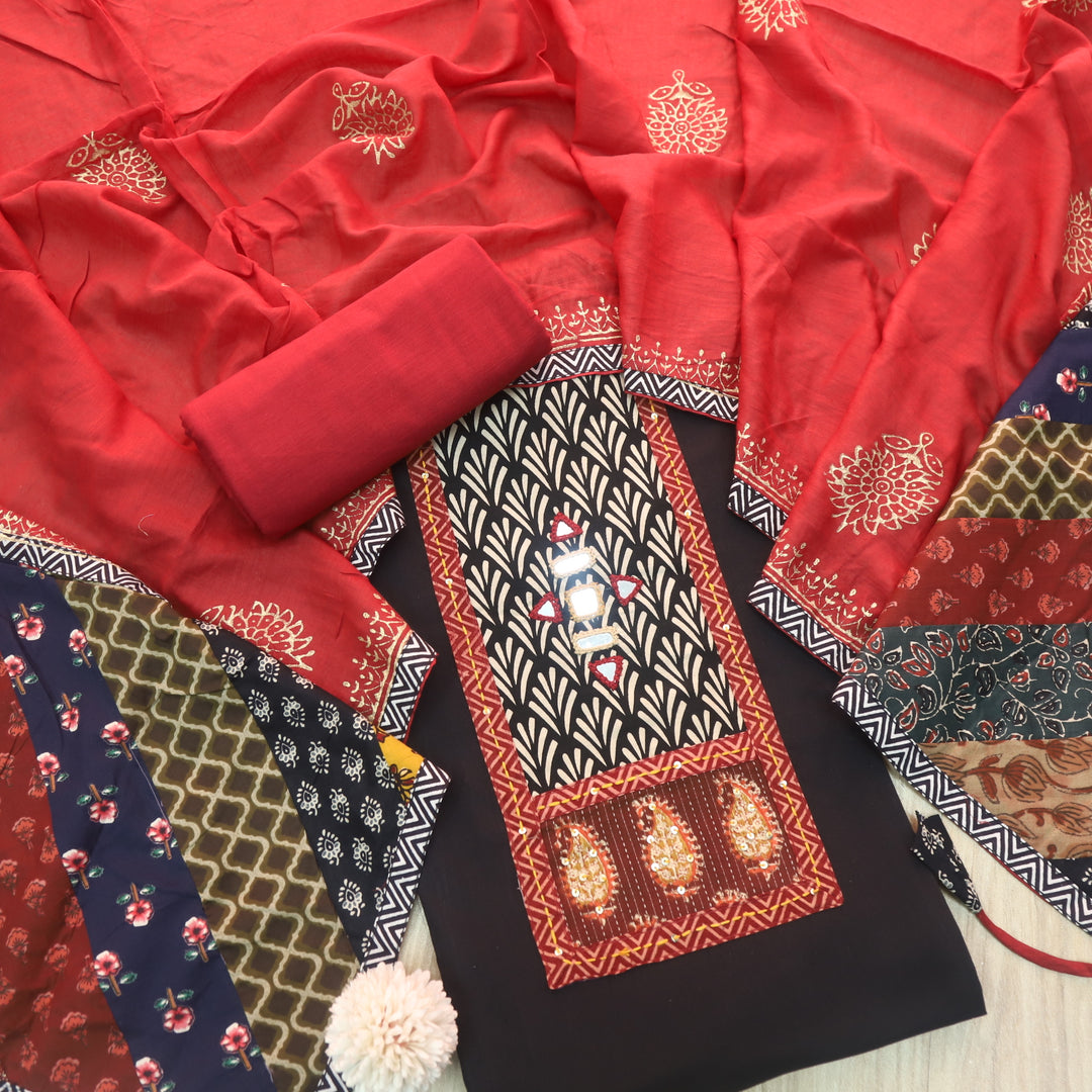 Kakaswi Coal Black Mirror with Ajrak Print Patch Work Cotton Suit Set