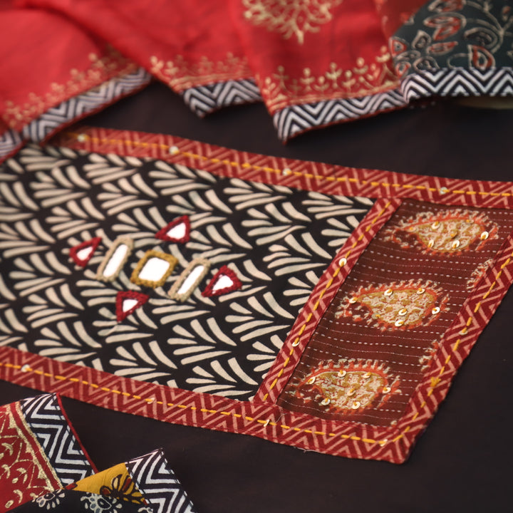Kakaswi Coal Black Mirror with Ajrak Print Patch Work Cotton Suit Set