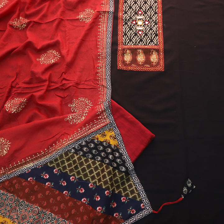 Kakaswi Coal Black Mirror with Ajrak Print Patch Work Cotton Suit Set