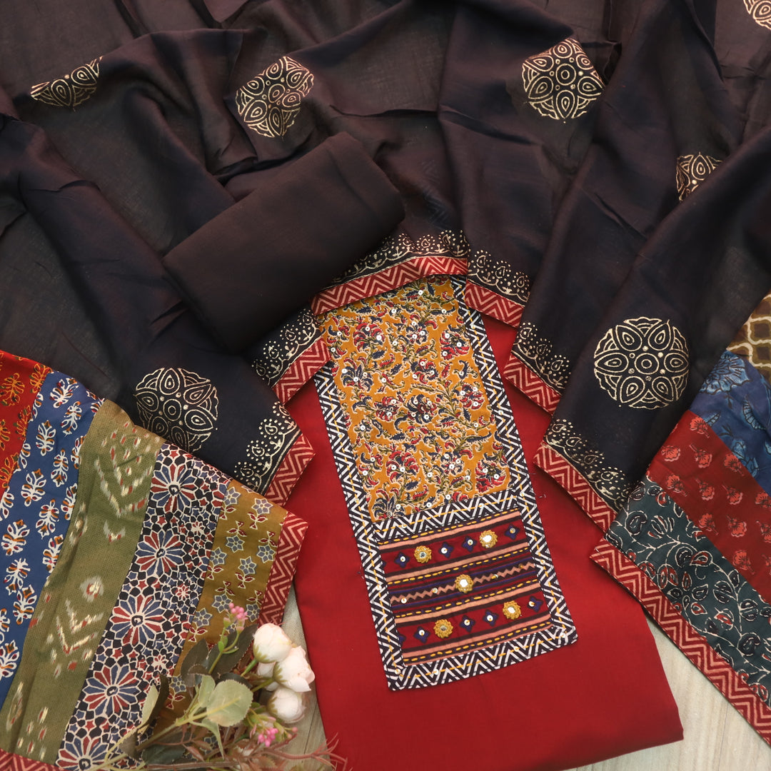 Kakaswi Apple Red Mirror with Ajrak Print Patch Work Cotton Suit Set
