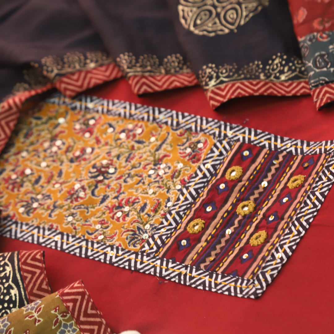 Kakaswi Apple Red Mirror with Ajrak Print Patch Work Cotton Suit Set