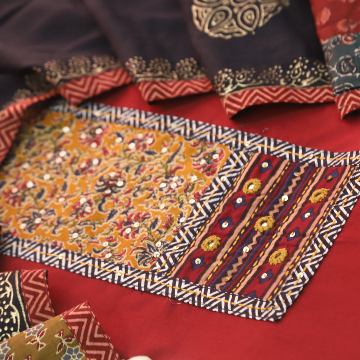 Kakaswi Apple Red Mirror with Ajrak Print Patch Work Cotton Suit Set