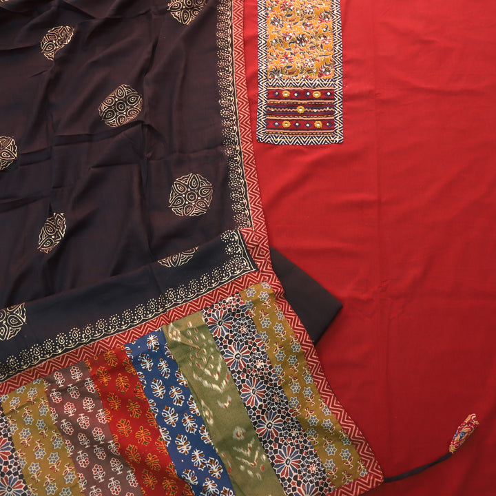 Kakaswi Apple Red Mirror with Ajrak Print Patch Work Cotton Suit Set