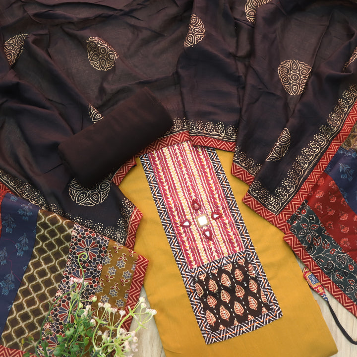 Kakaswi Dandelion Yellow Mirror with Ajrak Print Patch Work Cotton Suit Set