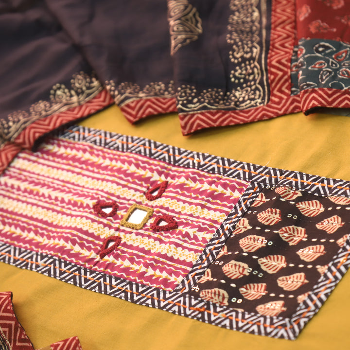 Kakaswi Dandelion Yellow Mirror with Ajrak Print Patch Work Cotton Suit Set