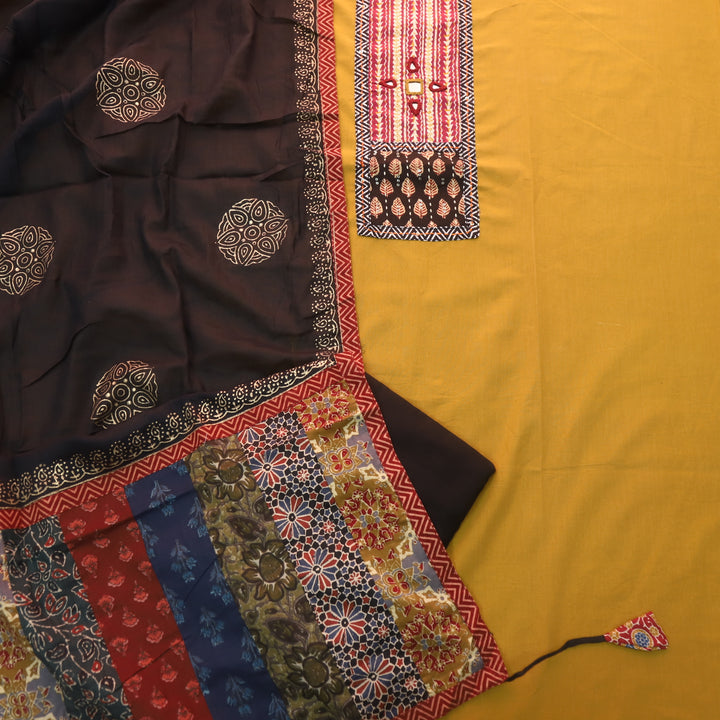 Kakaswi Dandelion Yellow Mirror with Ajrak Print Patch Work Cotton Suit Set