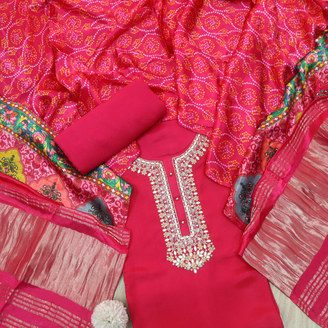 Hayaat Fuscia Pink Embellished Neck Work Dola Silk Top with Gaji Silk Dupatta