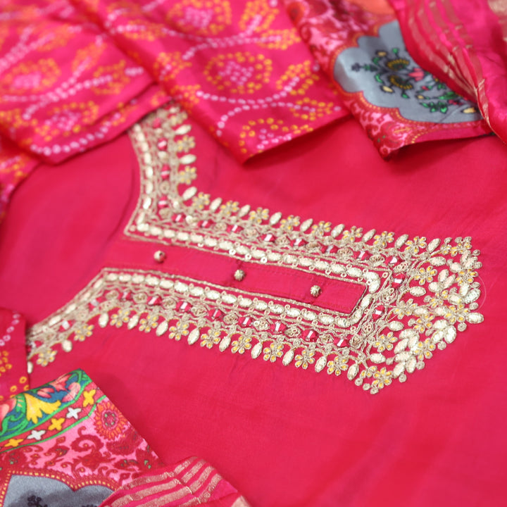 Hayaat Fuscia Pink Embellished Neck Work Dola Silk Top with Gaji Silk Dupatta