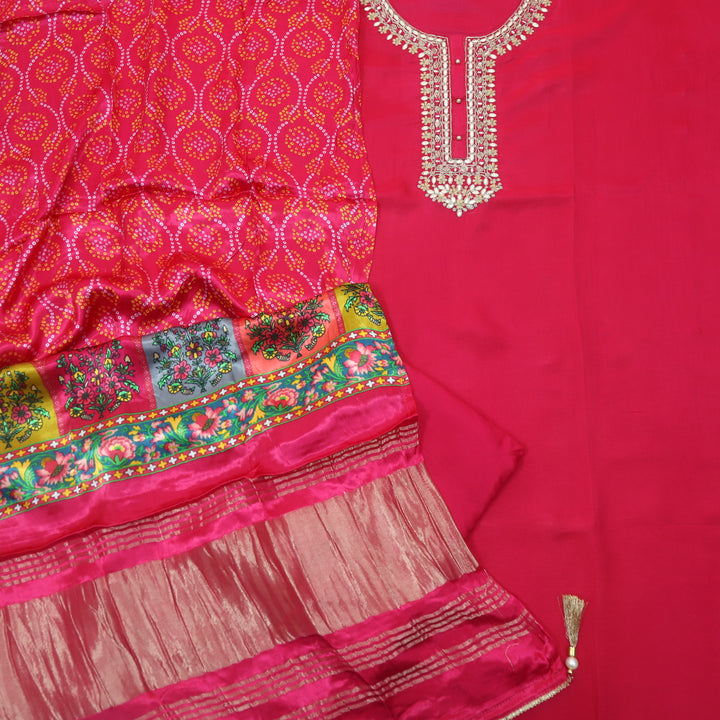 Hayaat Fuscia Pink Embellished Neck Work Dola Silk Top with Gaji Silk Dupatta