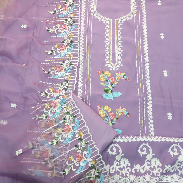 Sundara Tulip Lavender Floral Aari Work Neck Modal Suit Set