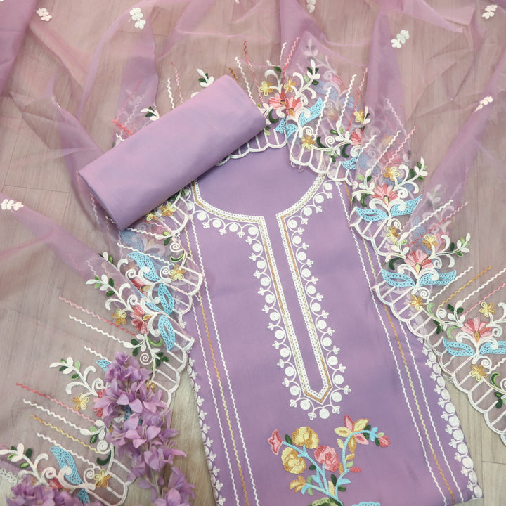 Sundara Tulip Lavender Floral Aari Work Neck Modal Suit Set