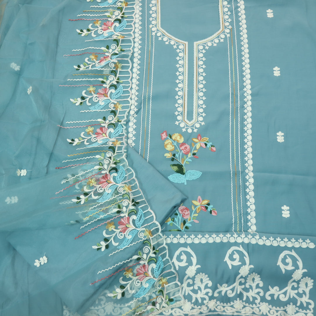 Sundara Celeste Teal Floral Aari Work Neck Modal Suit Set