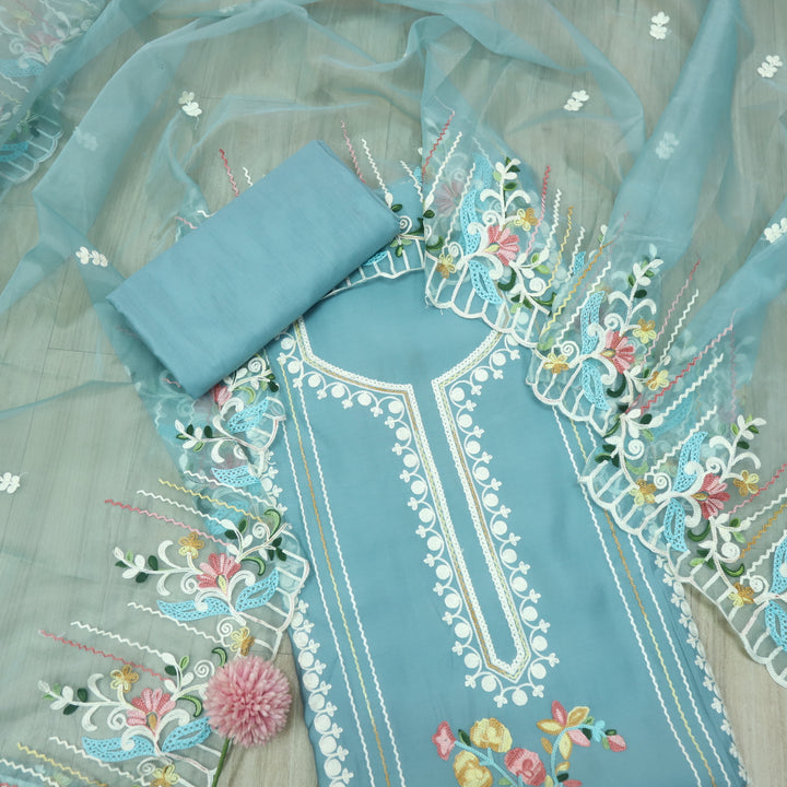 Sundara Celeste Teal Floral Aari Work Neck Modal Suit Set