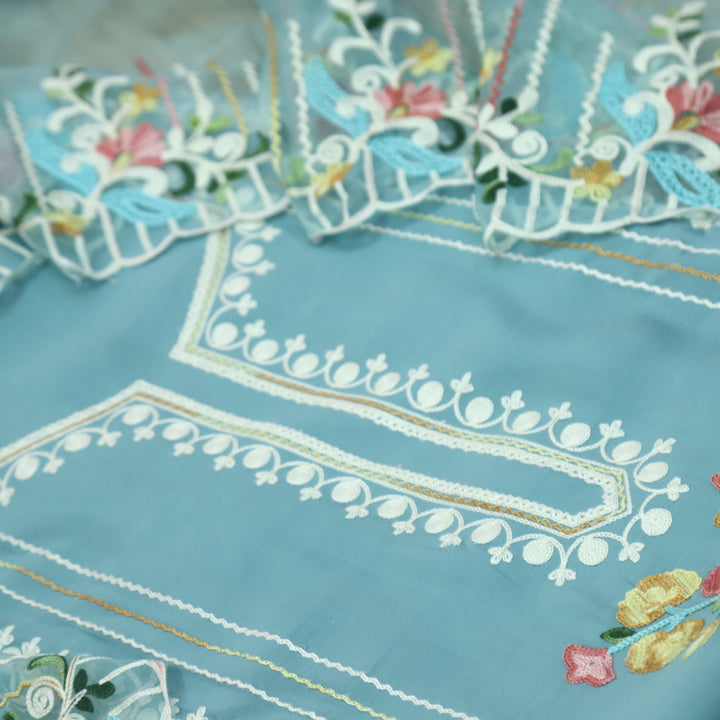 Sundara Celeste Teal Floral Aari Work Neck Modal Suit Set