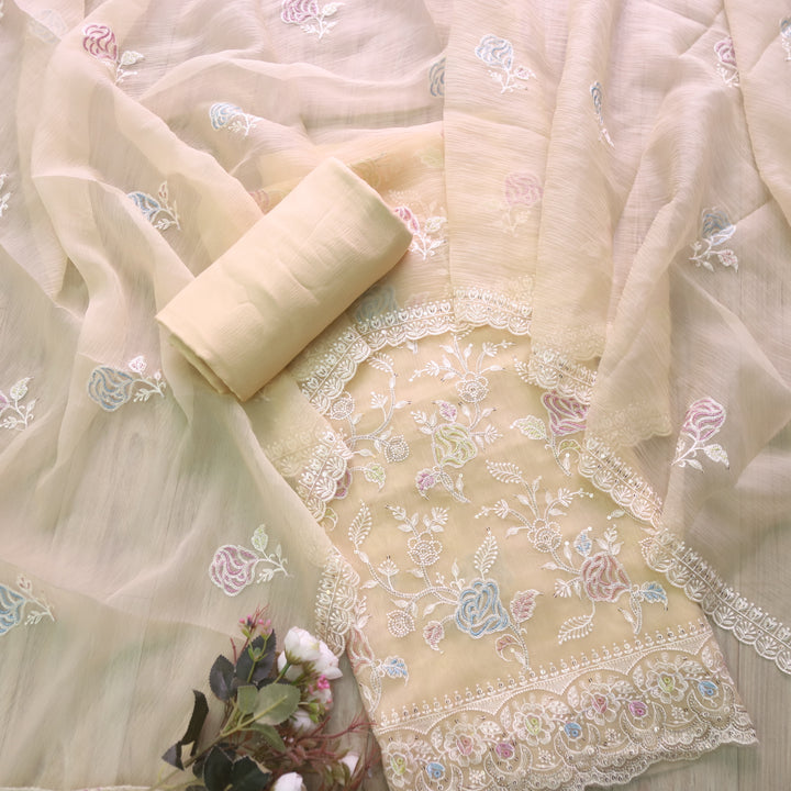 Kavya Butter Yellow Thread Embroidered Work Organza Suit Set