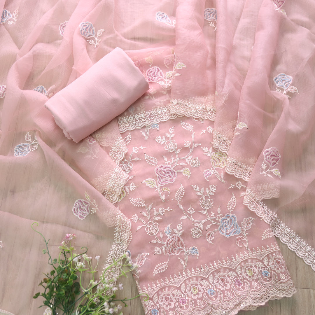 Kavya Mauve Peach Thread Embroidered Work Organza Suit Set