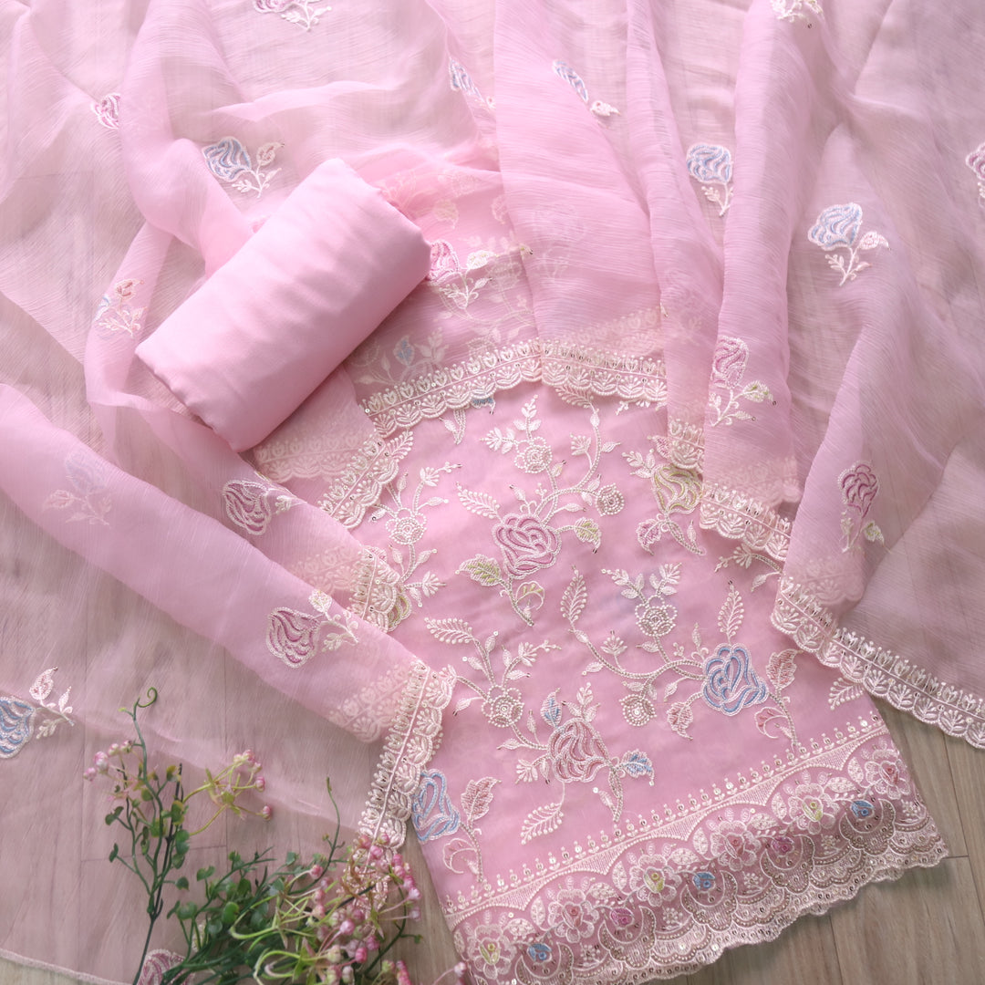 Kavya Baby Pink Thread Embroidered Work Organza Suit Set