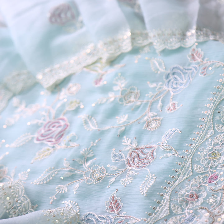 Kavya Aqua Blue Thread Embroidered Work Organza Suit Set
