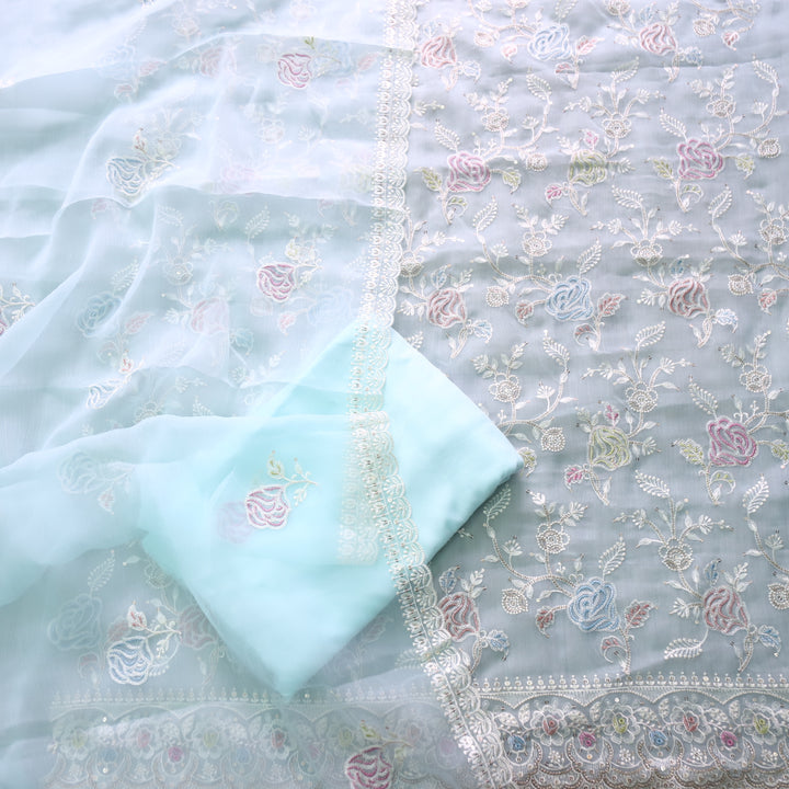 Kavya Aqua Blue Thread Embroidered Work Organza Suit Set