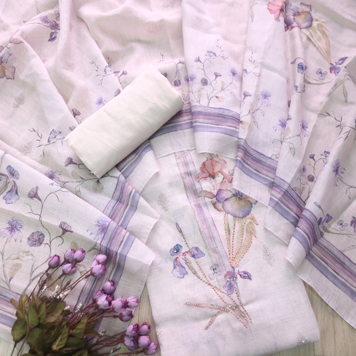 Noor Rose White Beige Floral Print with Moti Cotton Linen Suit Set