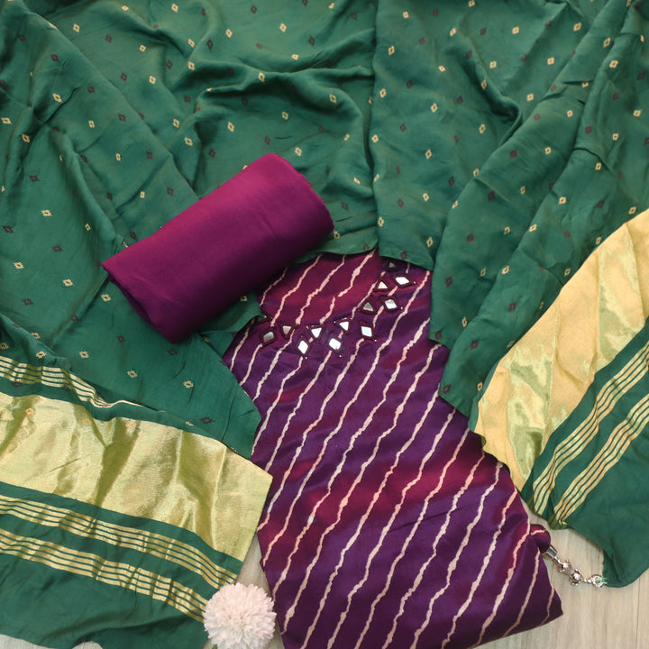 Ahimsa Eggplant Purple Mirror Neck Work Leheriya Printed Mashru Silk Suit Set