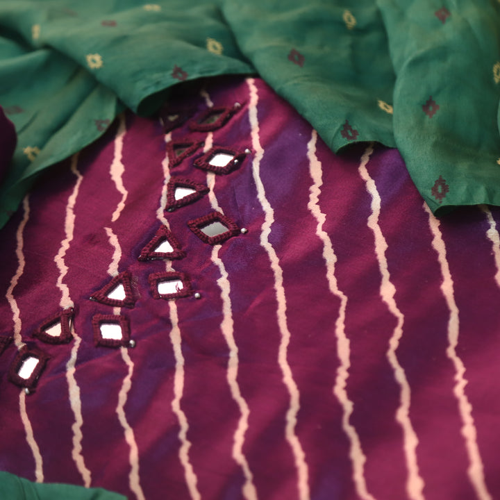 Ahimsa Eggplant Purple Mirror Neck Work Leheriya Printed Mashru Silk Suit Set