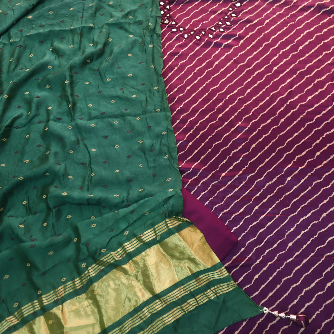 Ahimsa Eggplant Purple Mirror Neck Work Leheriya Printed Mashru Silk Suit Set
