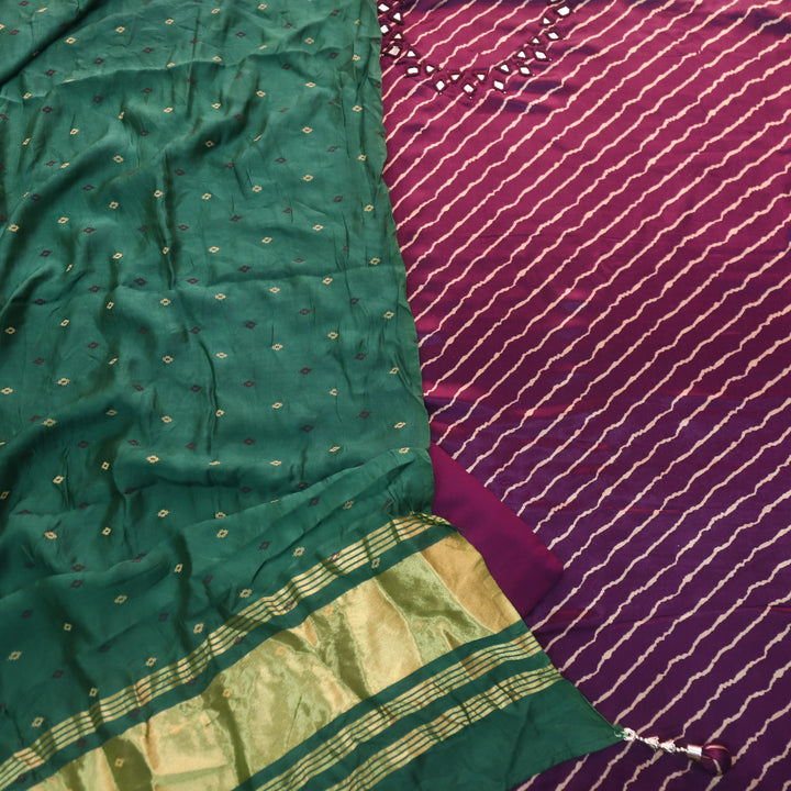 Ahimsa Eggplant Purple Mirror Neck Work Leheriya Printed Mashru Silk Suit Set