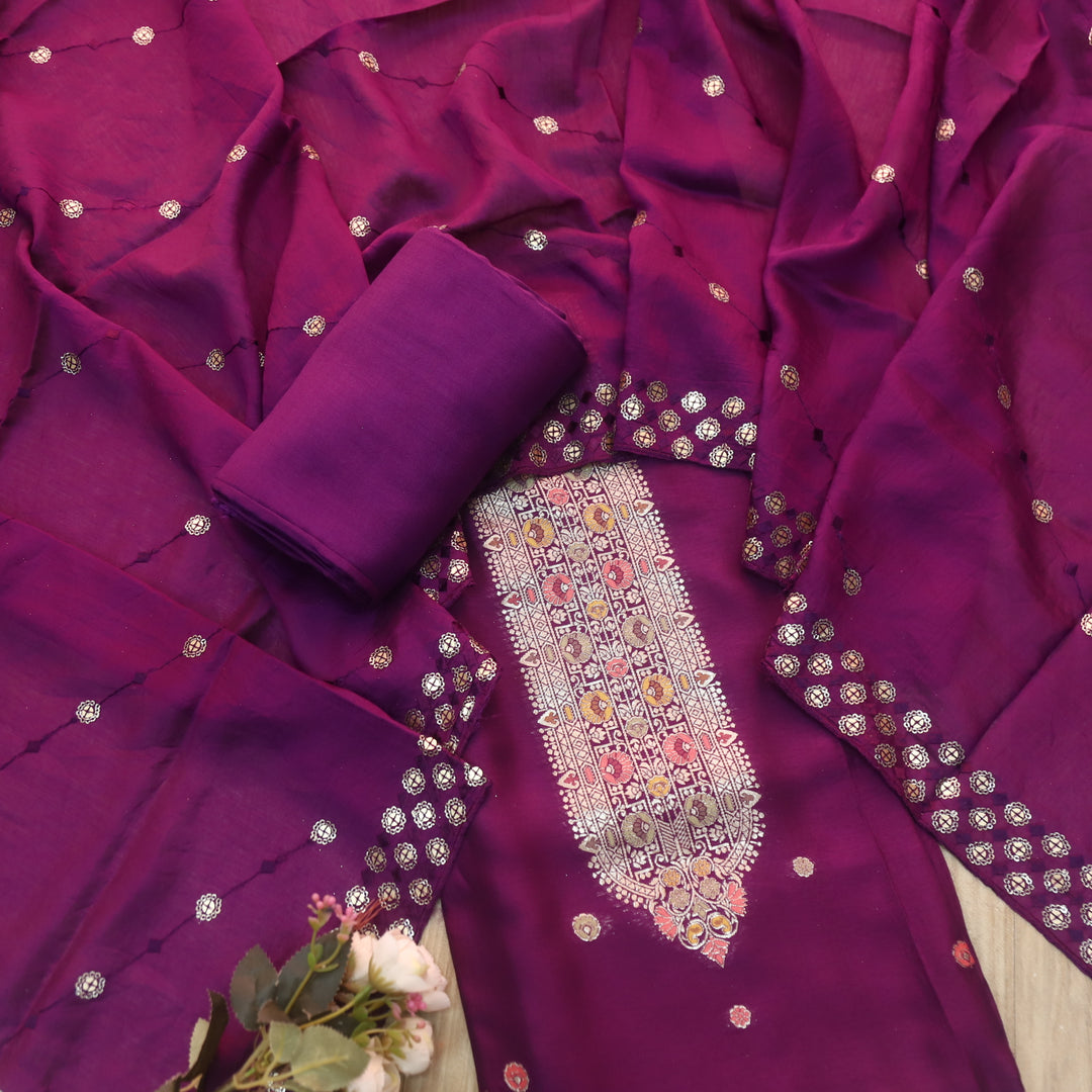 Deedar Eggplant Purple Zari Weaved Neck Dola Silk Suit Set
