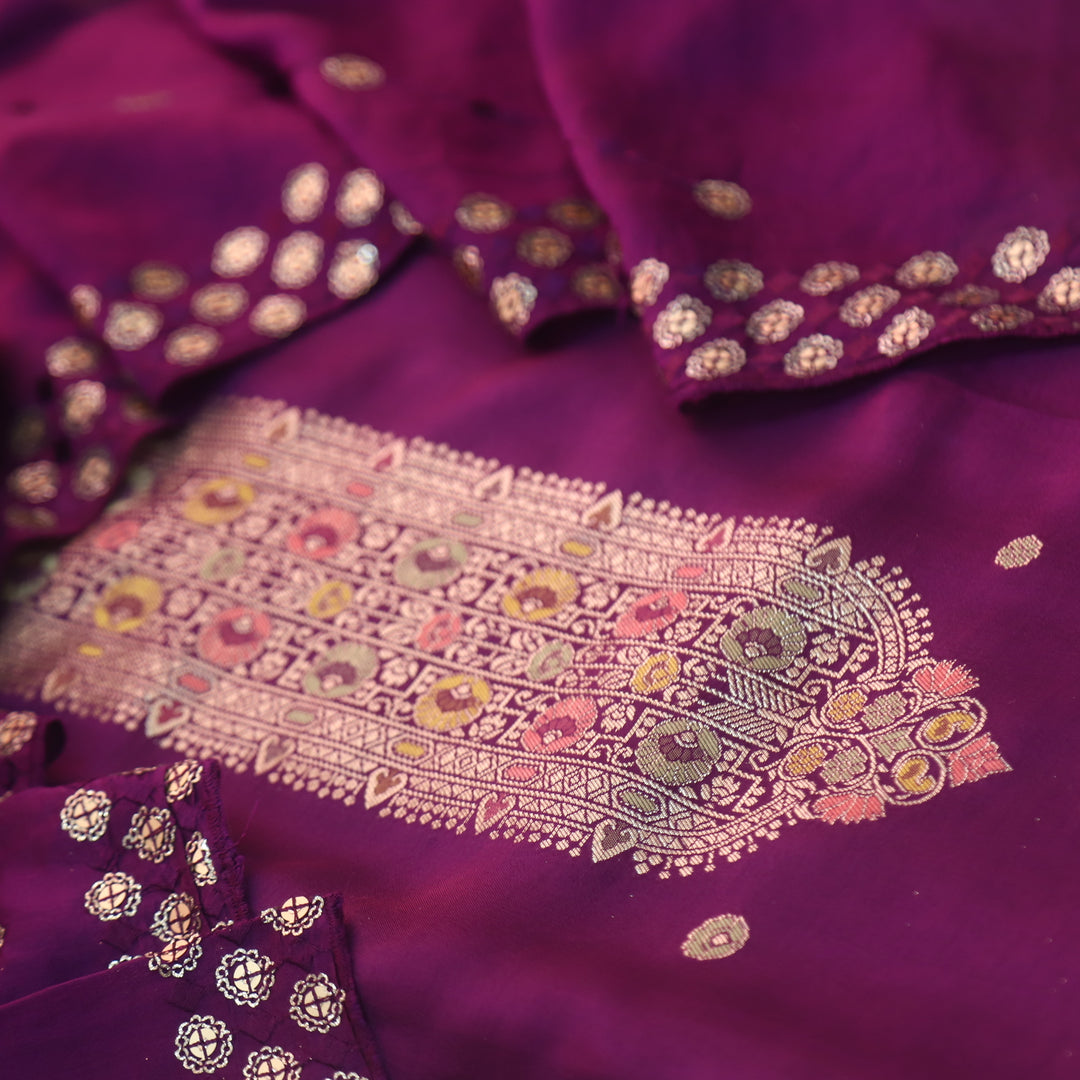 Deedar Eggplant Purple Zari Weaved Neck Dola Silk Suit Set